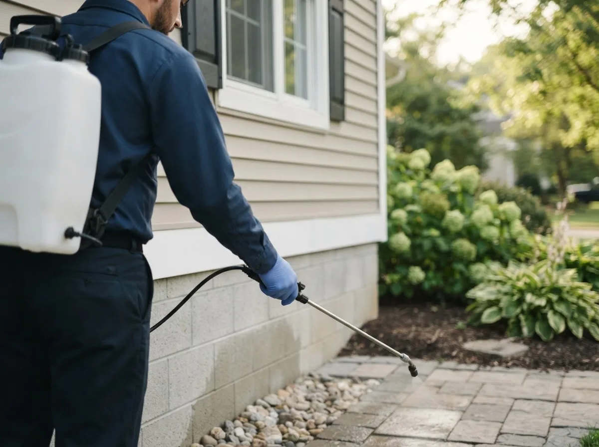 Pest control technician inspecting a home in Flovilla, GA